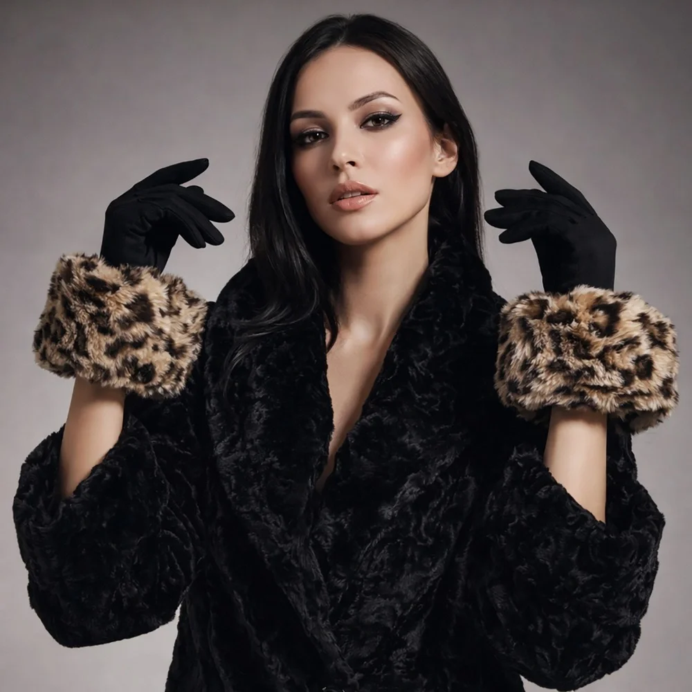 Vintage Early 90s Norma Kamali Faux Leopard Fur Cuff Gloves Retro Glam Rare